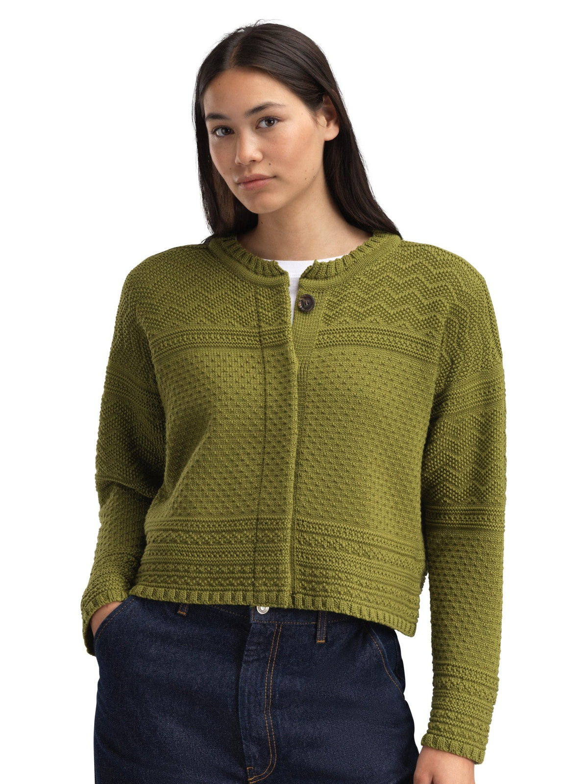 Dale Of Norway LUSA Wollstrickjacke Damen Alum Green – Studio Vorderansicht