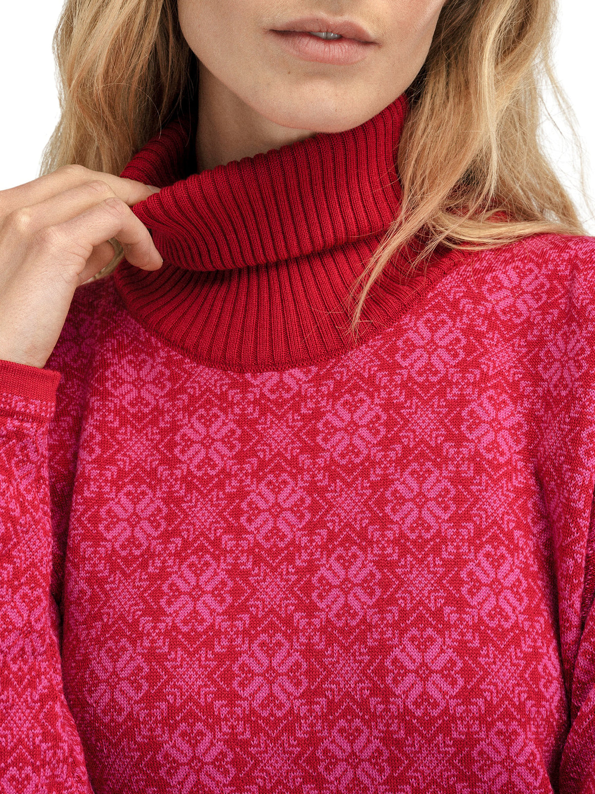 Dale Of Norway FIRDA Merino-Pullover Damen Raspberry - Allium – Detail
